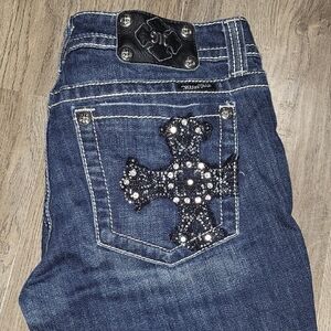 Miss Me Dark Blue Boot Cut Jeans with Rhinestone Cross Sz 30x33 1/2